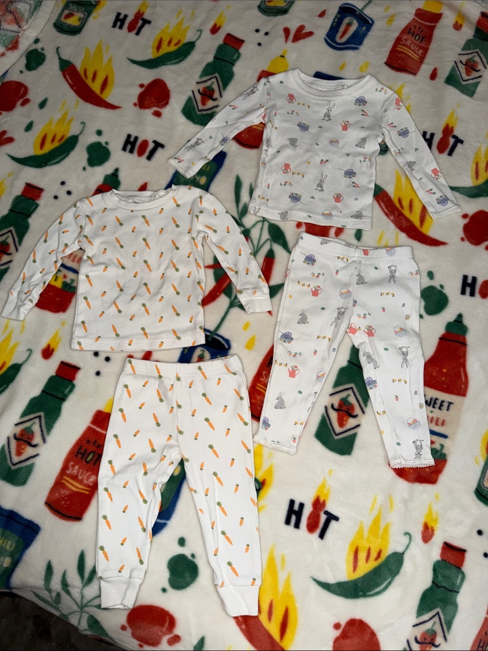 Worn Once Baby “Spring” Pajama Set with Carrot & Bunny Prints 12months